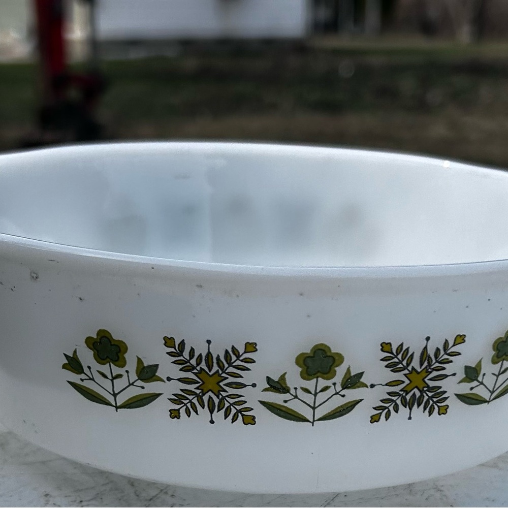 Anchor Hocking White Bowl with Green Floral Design